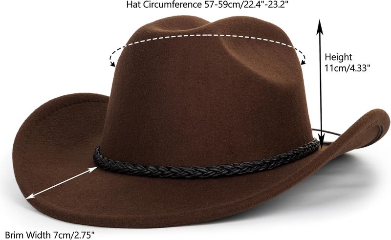 Vikodah Vintage Western Cowboy Hat for Men Women - Wide Brim Cowgirl Fedora Hats with Braided Rope Band M - Image 3